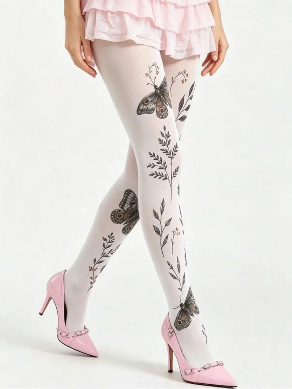 Butterfly Print White Tights for Women